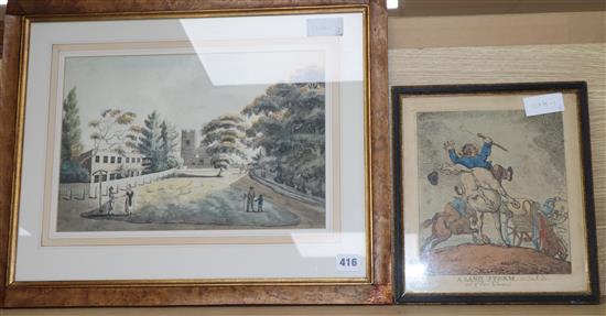 Early 19th century, watercolour, Figures before a church, 24 x 36cm and an engraving After Rowlandson, A Land Storm